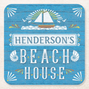 Beach House Nautical Sailboat Seashells Jouw naam Vierkante Kartonnen Onderzetter