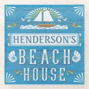 Beach House Nautical Sailboat Shells Custom Name 2 Glazen Onderzetter