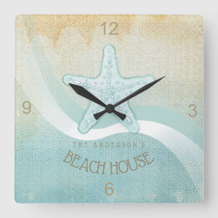 Beach House Nautical Starfish Aqua Blue ID623 Vierkante Klok