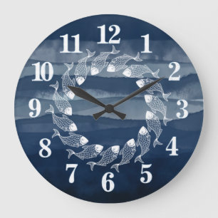 Beach House Navy Blue Fish Ocean Large Clock Grote Klok