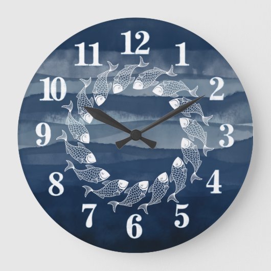 Beach House Navy Blue Fish Ocean Large Clock Grote Klok (Voorkant)