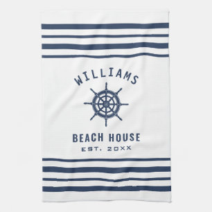 Beach House Navy Blue White Nautical Familienaam Theedoek
