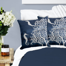 Beach House Navy Nautical Seahorse Coral Kussen