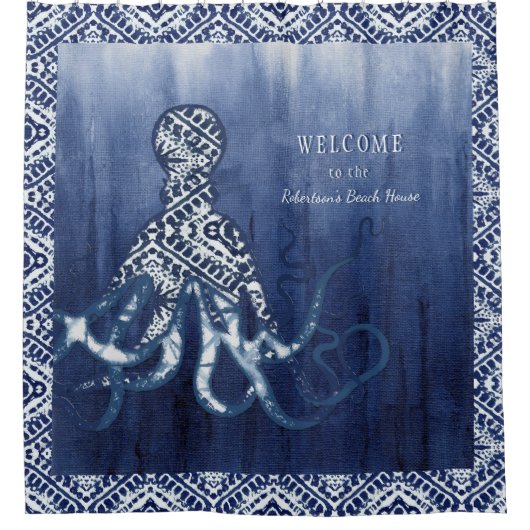 Beach House Octopus Shibori Ombre Pattern Indigo Douchegordijn (Voorkant)