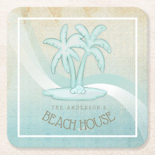 Beach House Palm Trees Aqua ID623 Vierkante Kartonnen Onderzetter