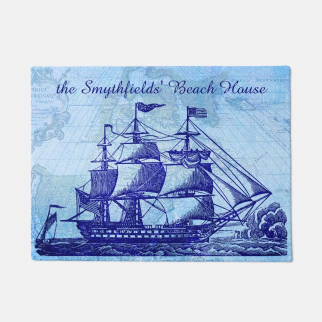 Beach House Personalized Nautical Sailing Ship Deurmat (Voorkant)