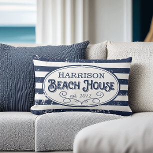 Beach House Personalized Navy and White Kussen
