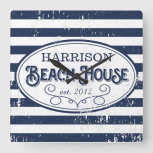  Beach House Personalized Navy and White Vierkante Klok