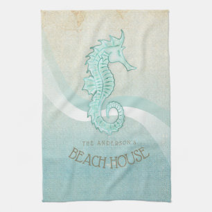 Beach House Seahorse Aqua Blue ID623 Theedoek