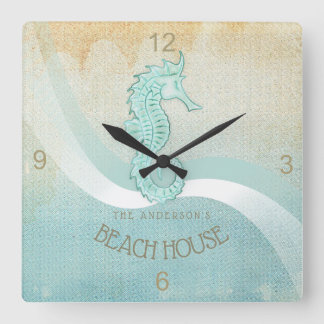 Beach House Seahorse Aqua Blue ID623 Vierkante Klok