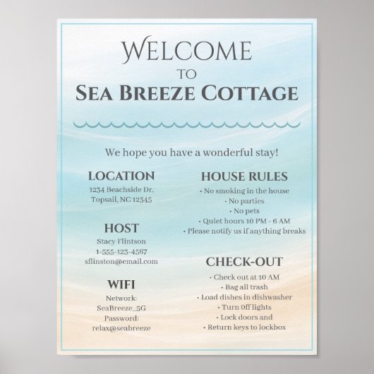 Beach House Welcome Sign with House Rules & WiFi Poster (Voorkant)