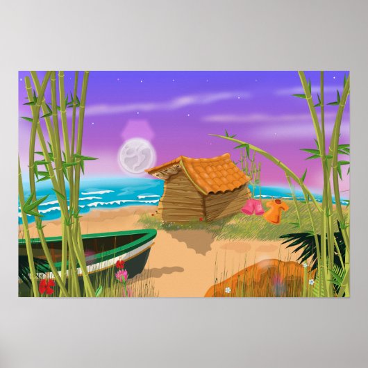 "Beach Hut on moonlit strand" "strandhut" "cartoon Poster (Voorkant)