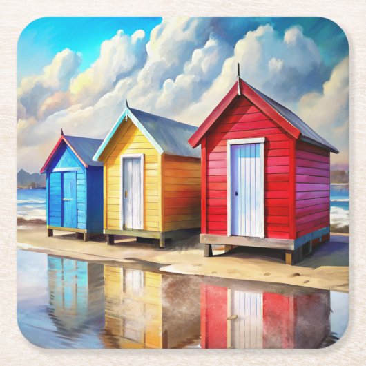 Beach Huts Vierkante Kartonnen Onderzetter (Voorkant)