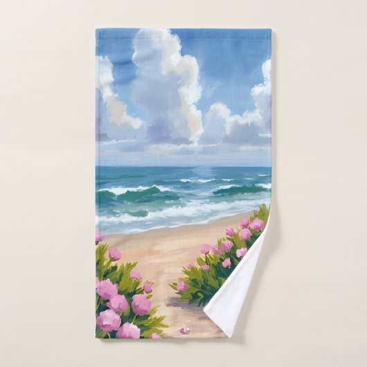Beach in Bloom | Pink Hydrangea Oceanside Coastal Handdoek (Handdoek)