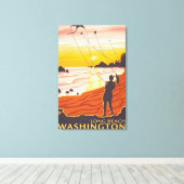 Beach & Kites - Long Beach, Washington Canvas Afdruk (Insitu (Houten vloer))