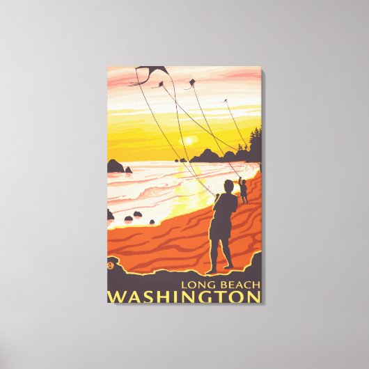 Beach & Kites - Long Beach, Washington Canvas Afdruk (Voorkant)