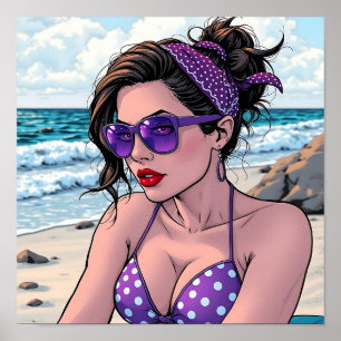 Beach Lady in de kleuren Bikini, Bandana en Shades Poster