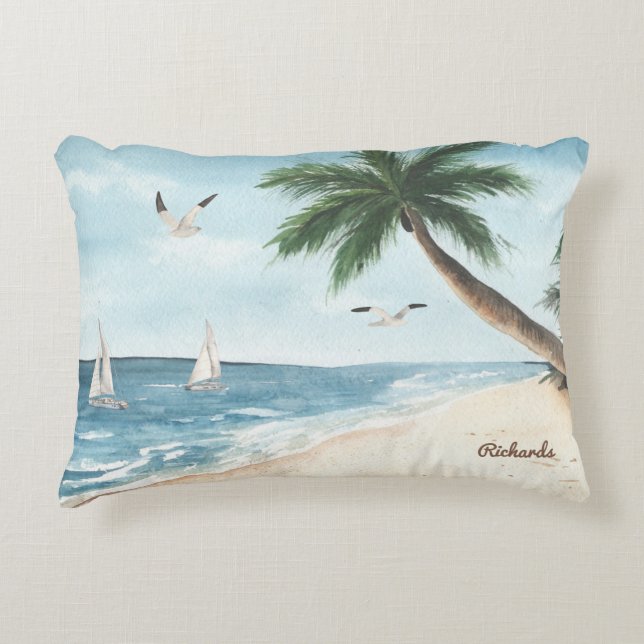 Beach Landscape met Sailboten Waterverf Blue Accent Kussen (Voorkant)
