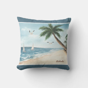 Beach Landscape met Sailboten Waterverf Blue Kussen