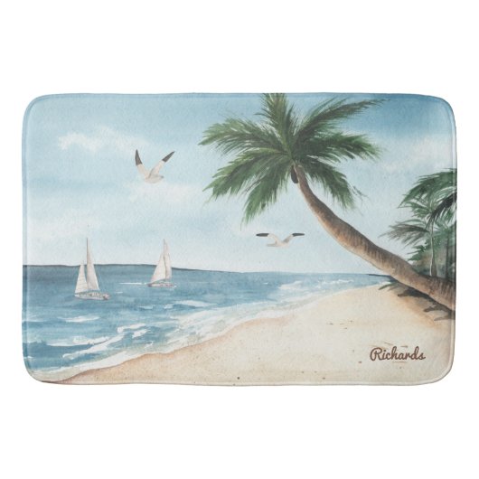 Beach Landscape met Sailships Waterverf Bathroom Badmat (Voorkant)