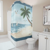 Beach Landscape met Sailships Waterverf Bathroom Douchegordijn (In situ)