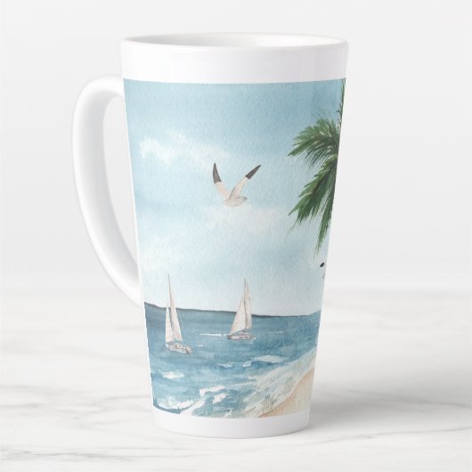 Beach Landscape met Sailships Waterverf Latte Mok (Linkerhoek)
