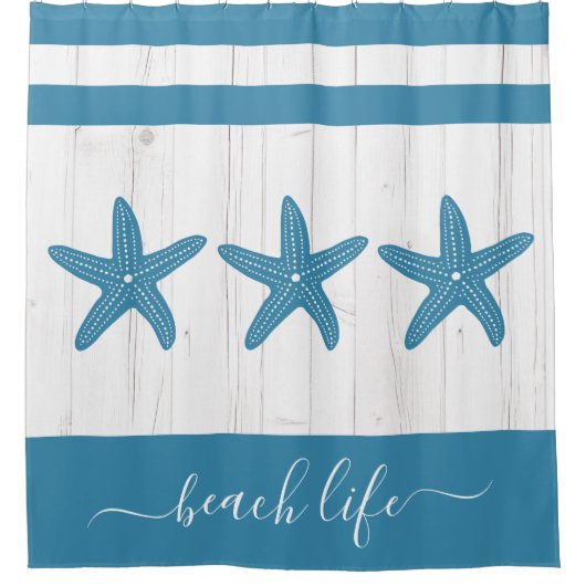 Beach life script blauwgroen zeester wit rustiek h douchegordijn (Voorkant)