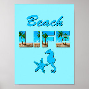 Beach Life Woordkunst met Zand en Palmbomen Poster