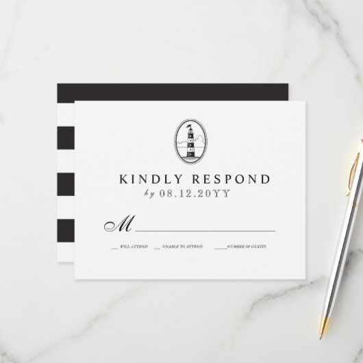 Beach Lighthouse | Nautical Wedding RSVP B/W (Voorkant / Achterkant in situ)