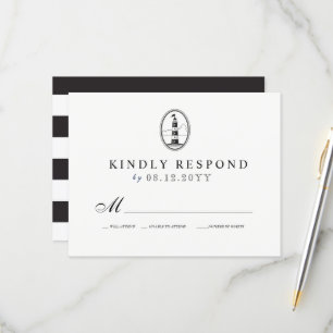 Beach Lighthouse Nautical Wedding RSVP B/W Kaartje