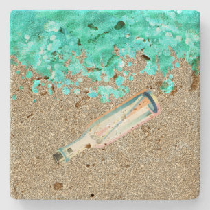 Beach message in a fles shoreline oceaan and zand stenen onderzetter