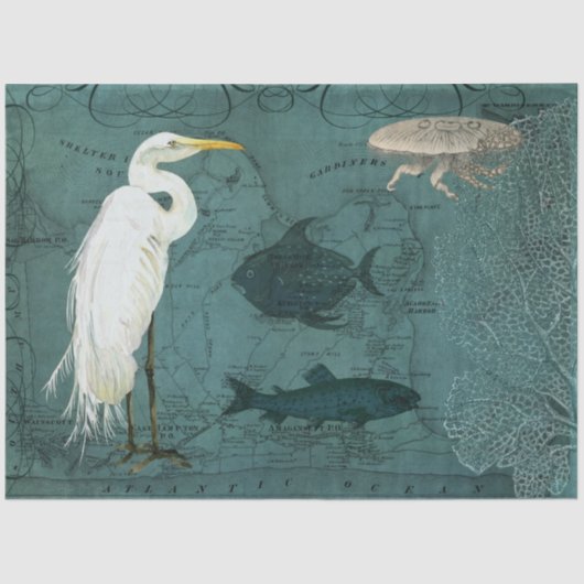 Beach Nautical Ocean Map Waterverf Heron Fish Art Tissuepapier (Voorkant)