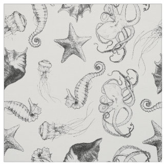 Beach Nautical Ocean Theme Black and White Ink Stof