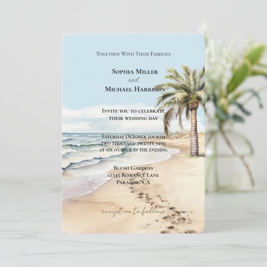 Beach Ocean Palm Tree Wedding Kaart (Staand voorkant)