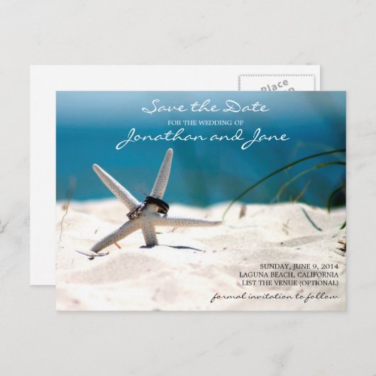 Beach Ocean Rings Starfish Wedding Save the Date Aankondigingskaart (Voorkant / Achterkant)