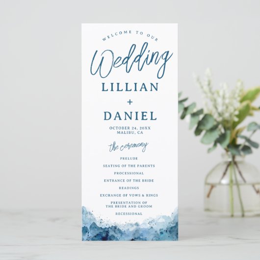 Beach Ocean Watercolor Wedding Programme (Debout devant)