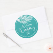 Beach Palm Leaf Turqoise Weddenschap Welkom Ronde Sticker (Envelop)
