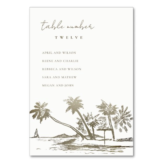 Beach Palm Sketch Bleek Gold Wedding Seating Chart Kaart (Voorkant)