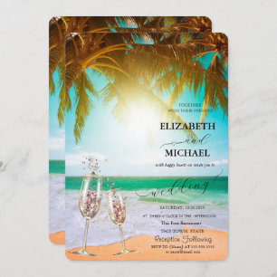 Beach, Palm, Sun, lampjes, Glass Script Weddenscha Kaart