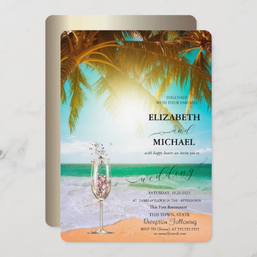 Beach, Palm, Sun, String lampjes, Glass Script Wed Kaart (Voorkant / Achterkant)