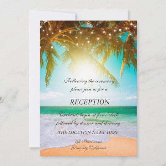 Beach, Palm, Sun, String Lights Script Reception Kaart (Voorkant)