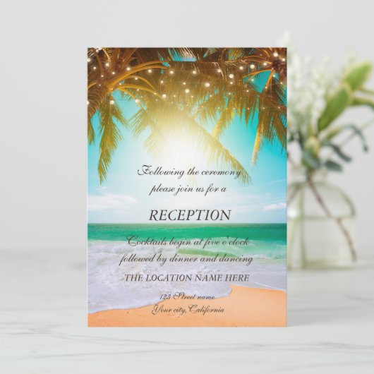 Beach, Palm, Sun, String Lights Script Reception Kaart (Staand voorkant)