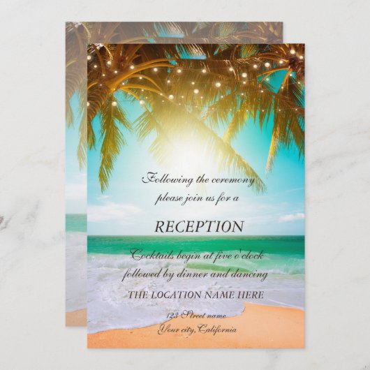 Beach, Palm, Sun, String Lights Script Reception Kaart (Voorkant / Achterkant)