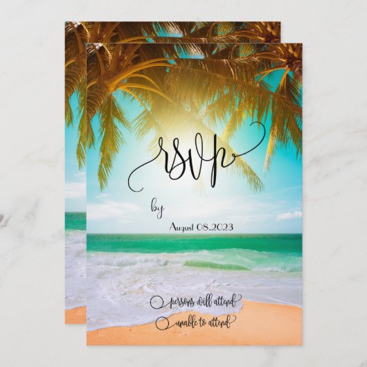 Beach, Palm, Sun, String Lights Script RSVP Kaart (Voorkant / Achterkant)