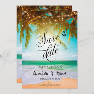 Beach, Palm, Sun, String Lights Script sparen de d Save The Date