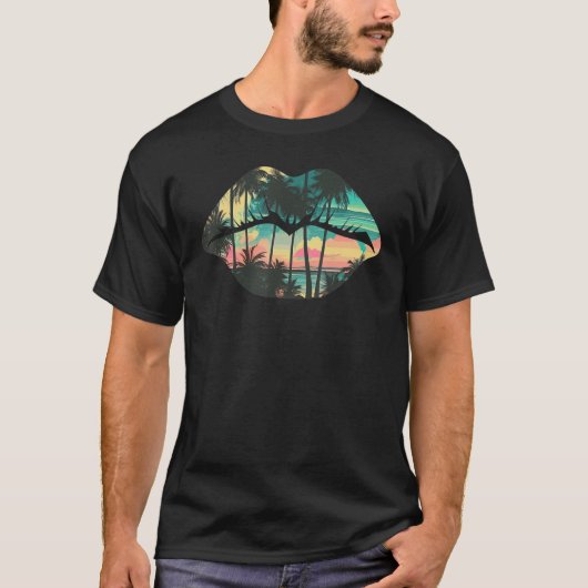 Beach Palm Tree Lips Tropical Summer Retro Sunset T-shirt (Voorkant)
