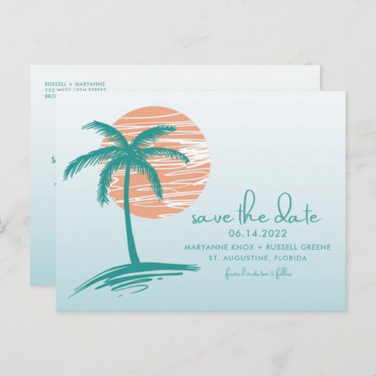 Beach Palm Tree Weddenschap Save the Date Briefkaa Aankondigingskaart (Voorkant / Achterkant)