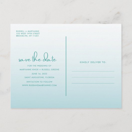 Beach Palm Tree Weddenschap Save the Date Briefkaa Aankondigingskaart (Achterkant)