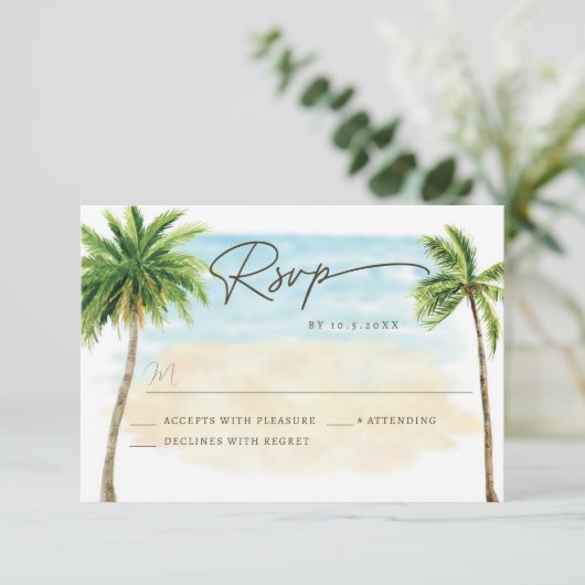 Beach Palm Tree Wedding RSVP Response Kaart (Staand voorkant)