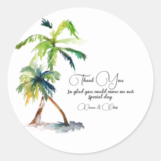 Beach, Palm Trees, Ocean Wedding Ronde Sticker (Voorkant)